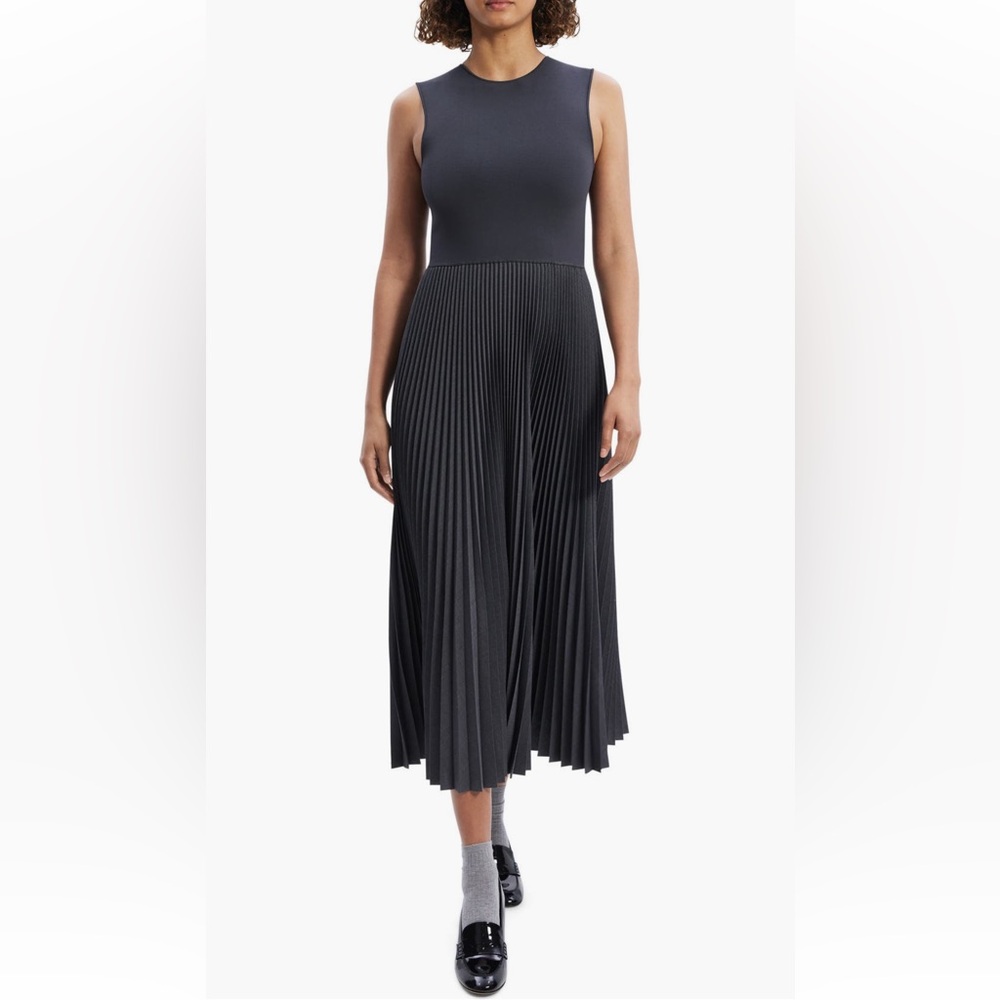 Theory Charcoal Mixed Media Pleated Midi Dress